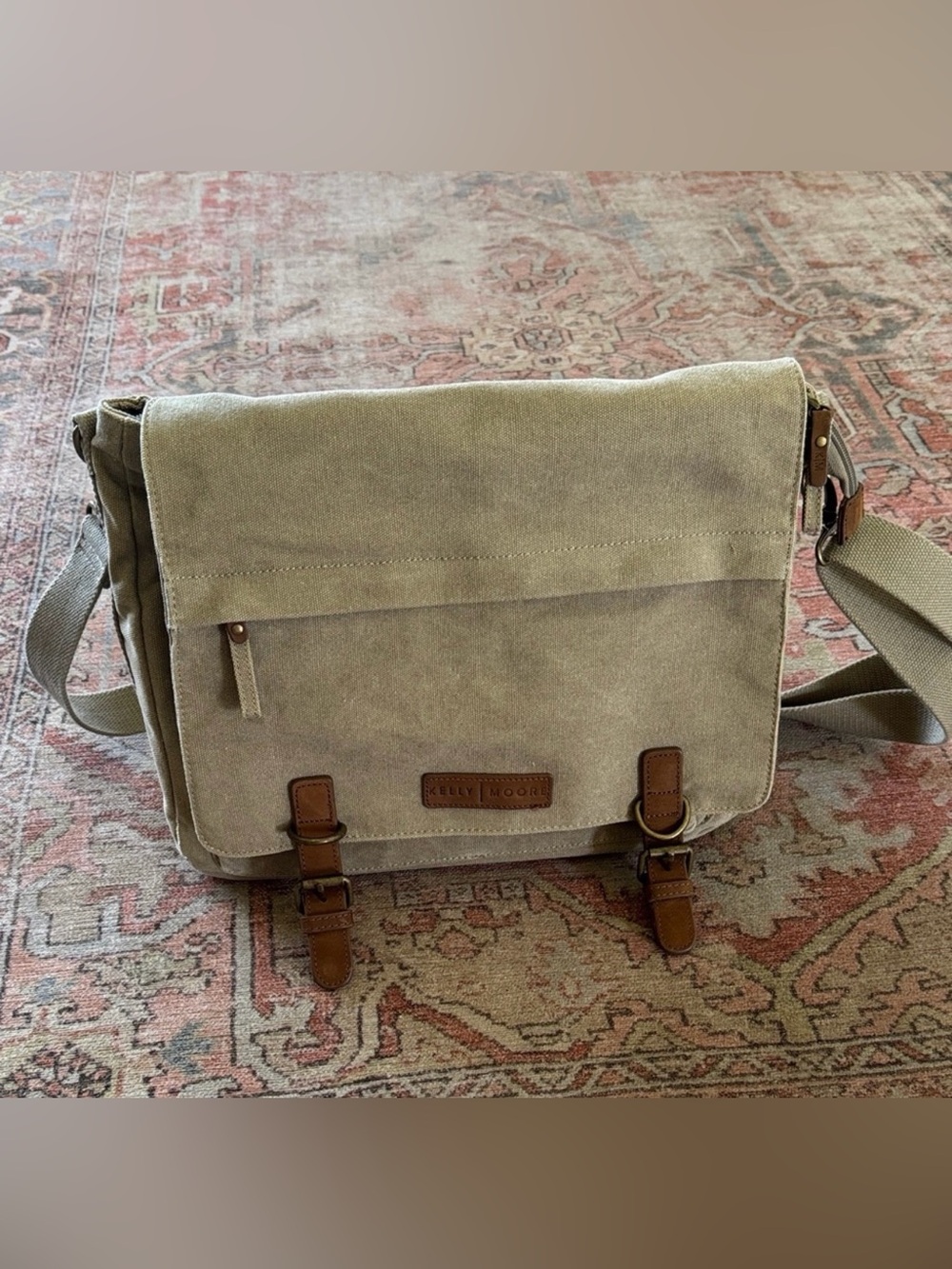 Kelly Moore Canvas Messenger Camera Bag in Khaki with Brown Leather Trim